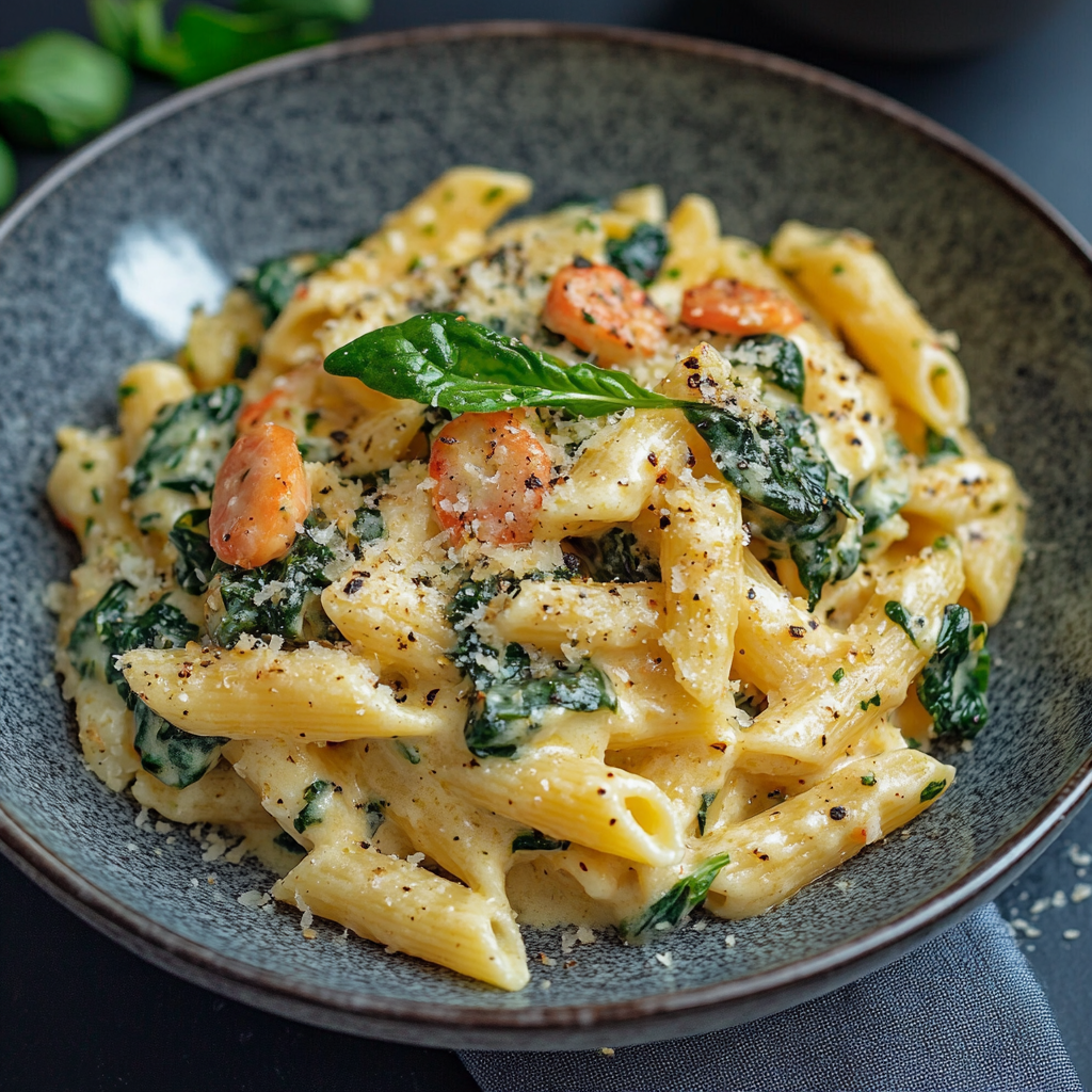 Käse Garnelen Penne Pasta und Spinat Rezept