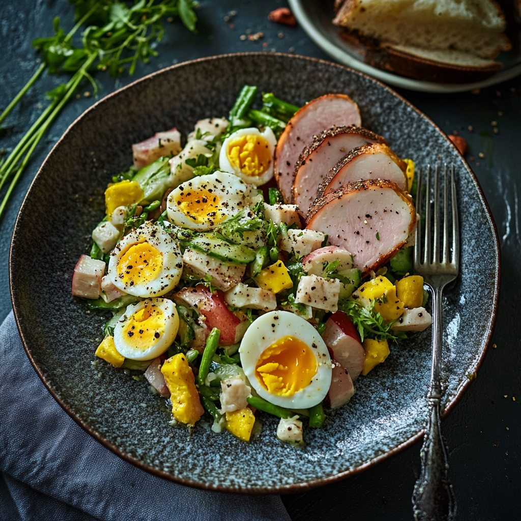 Spargelsalat mit Schinken und Ei