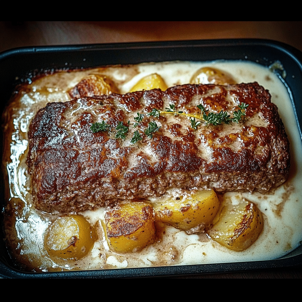 Hackbraten mit Kartoffeln in Sahne