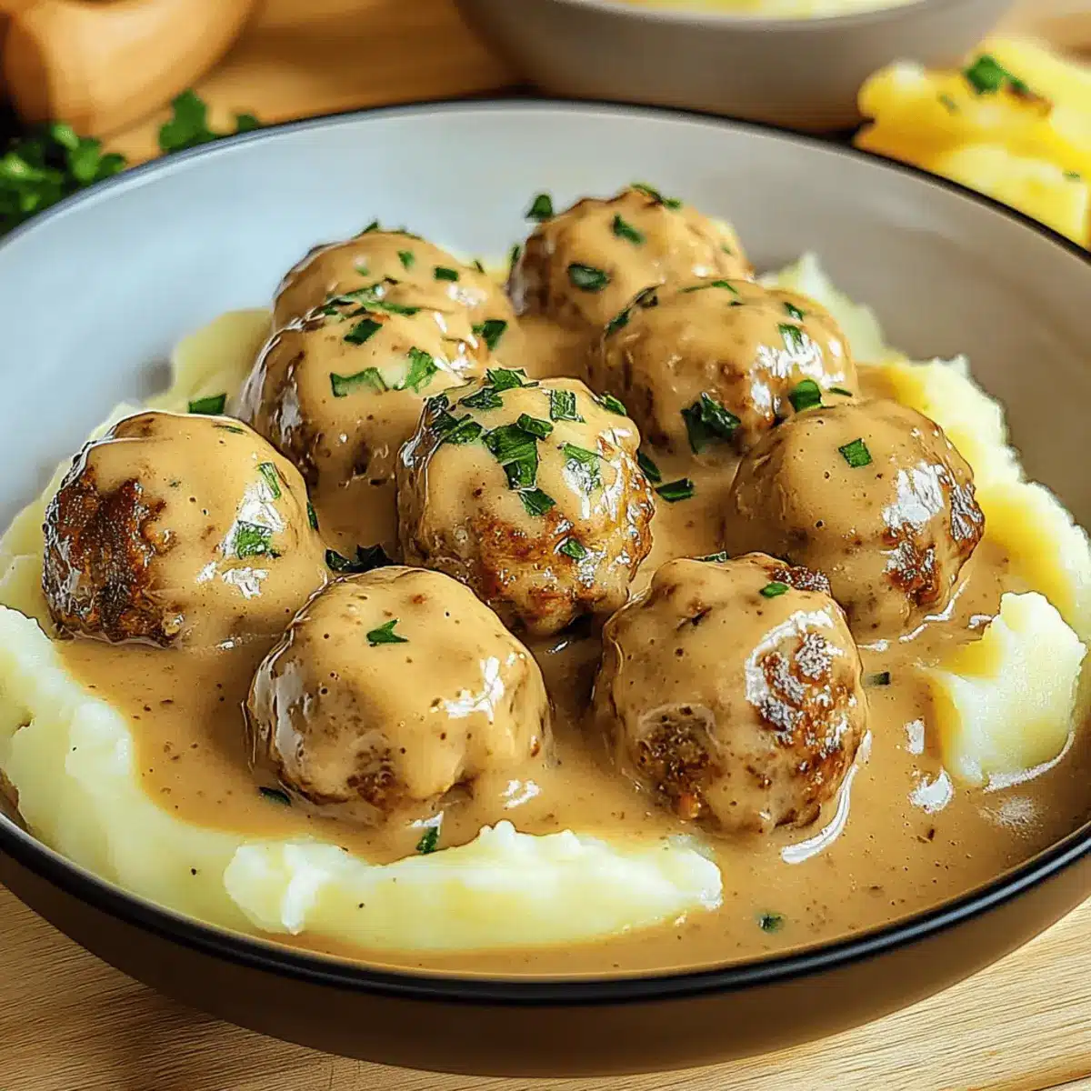 Hackbällchen in cremiger Sauce mit Kartoffelpüree