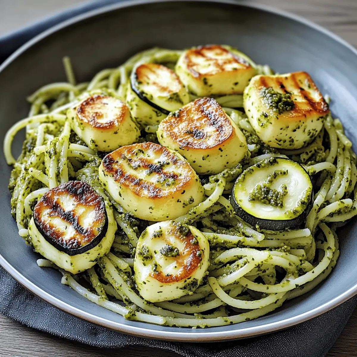 Halloumi mit Zucchini-Pesto-Nudeln