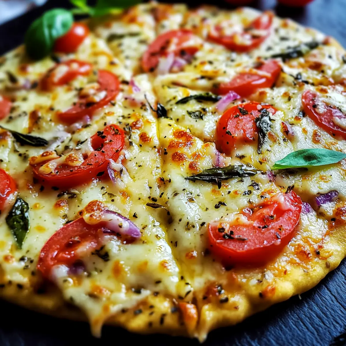 Bunte Low-Carb-Schüttelpizza - Nahaufnahme der leckeren Textur