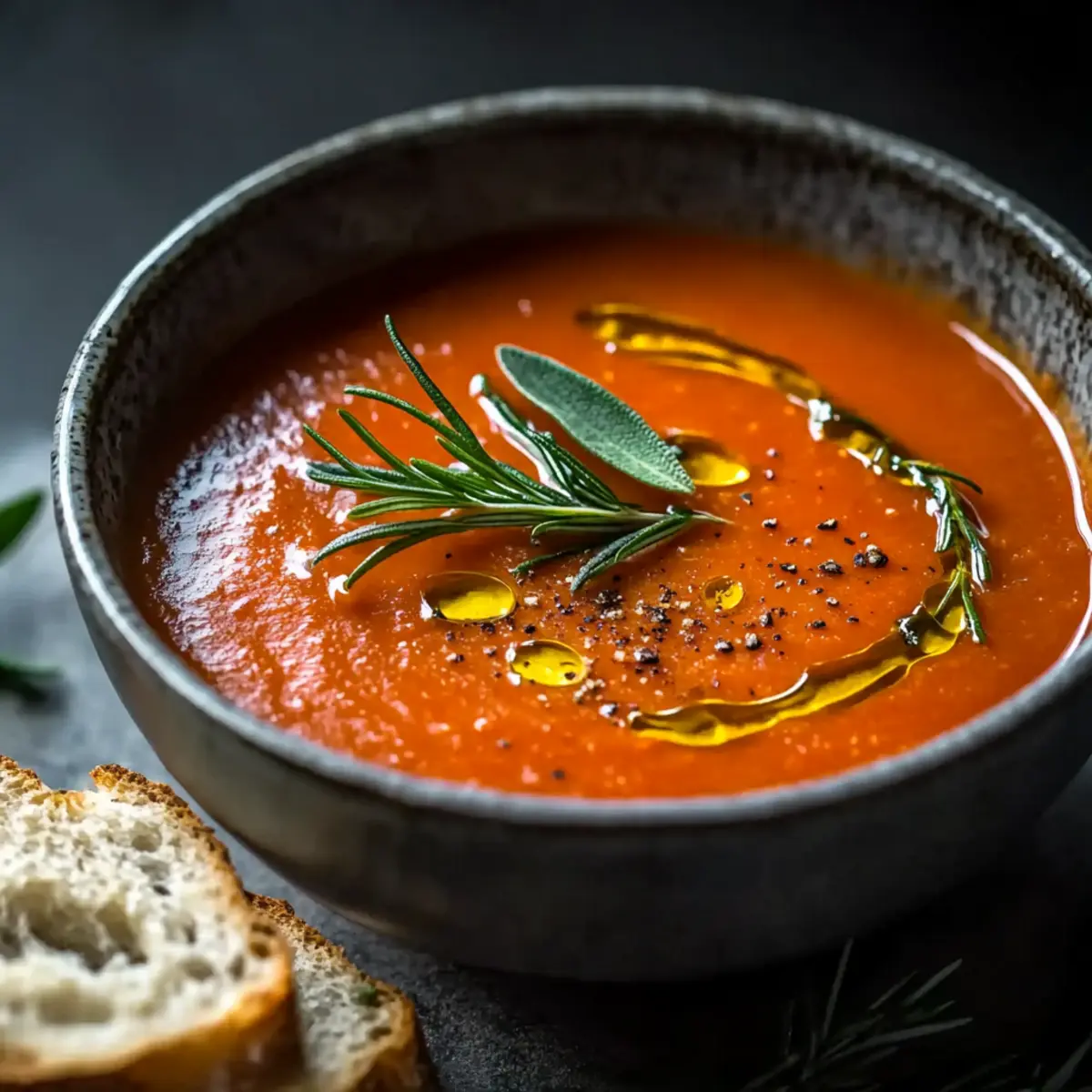 Cremige Tomatensuppe mit geröstetem Knoblauch - Fertiges Gericht auf einem Teller