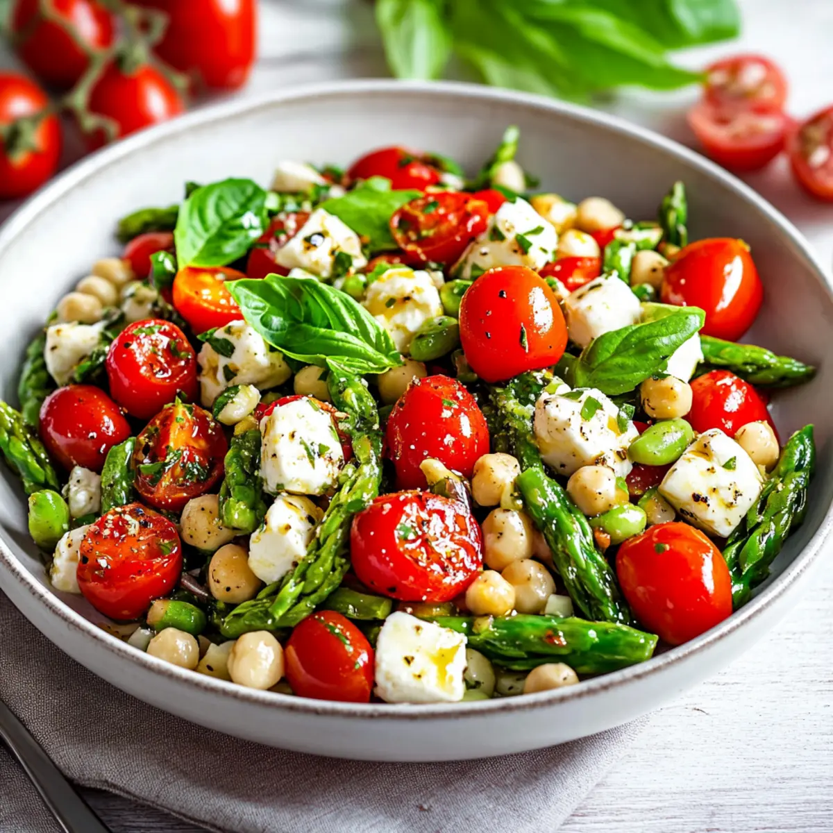 Grüner Spargel Salat mit Tomaten und Mozzarella - Nahaufnahme der leckeren Textur