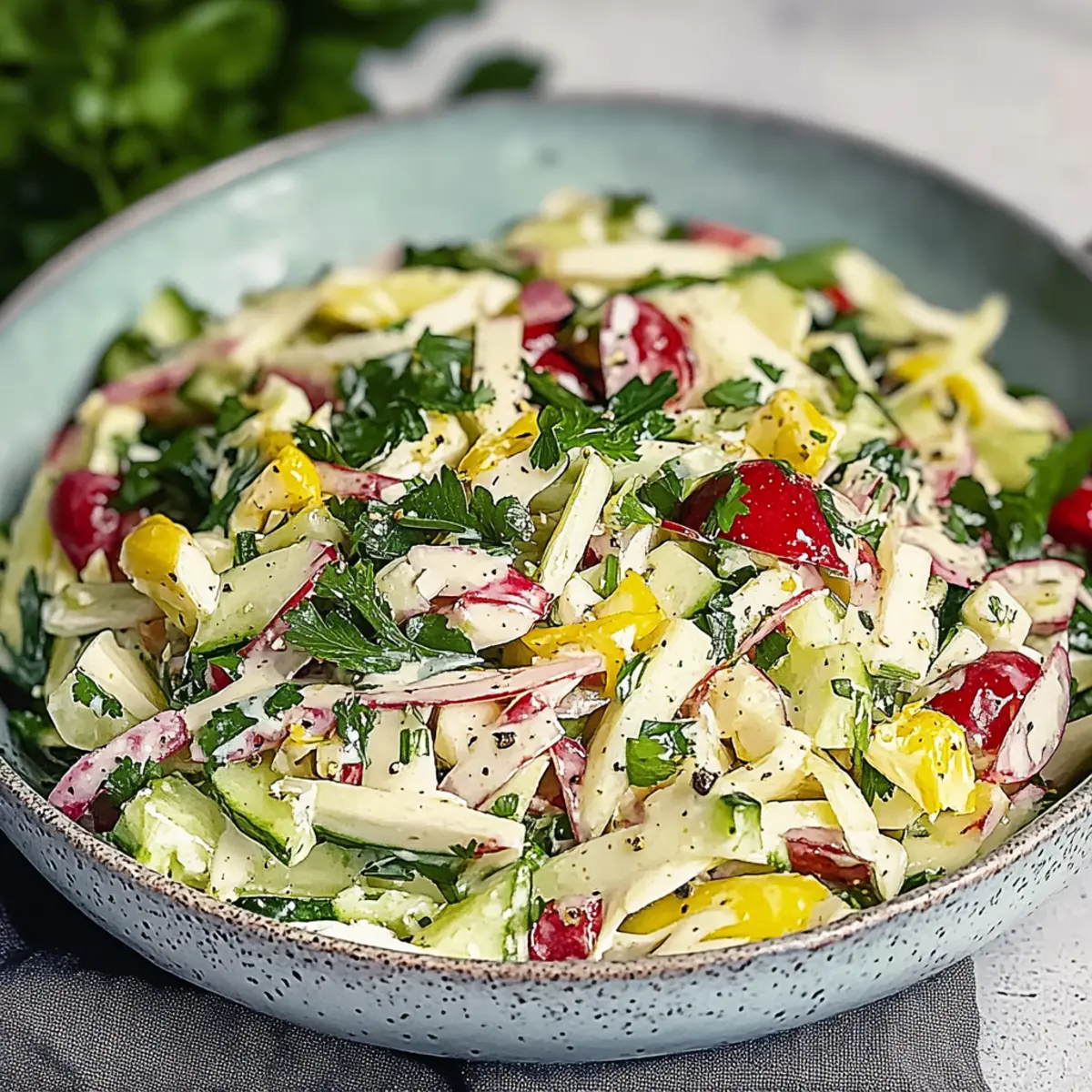 Übernacht-Salat mit cremigem Dressing - Fertiges Gericht auf einem Teller