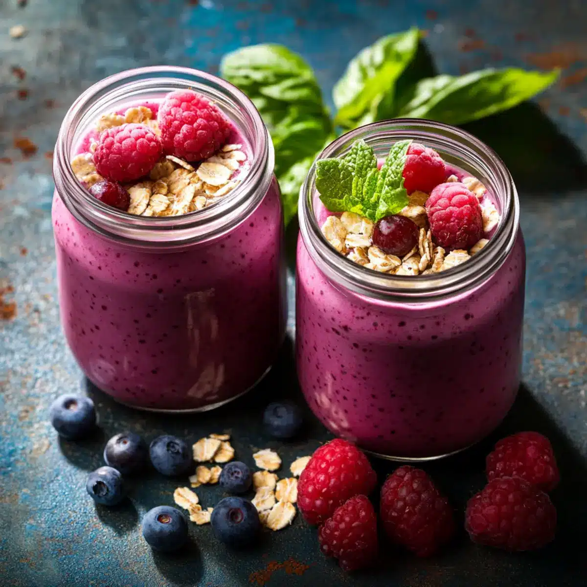 Fitness-Smoothie mit Beeren und Haferflocken - Fertiges Gericht auf einem Teller