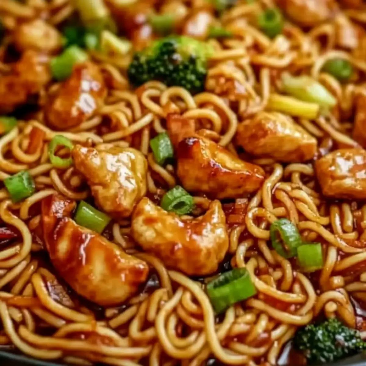 Hähnchen-Teriyaki-Nudeln - Nahaufnahme der leckeren Textur