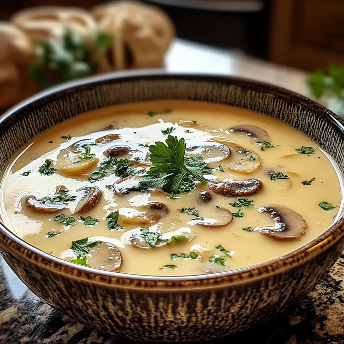 Cremige Champignon-Suppe Köstlich und Einfach - Nahaufnahme der leckeren Textur