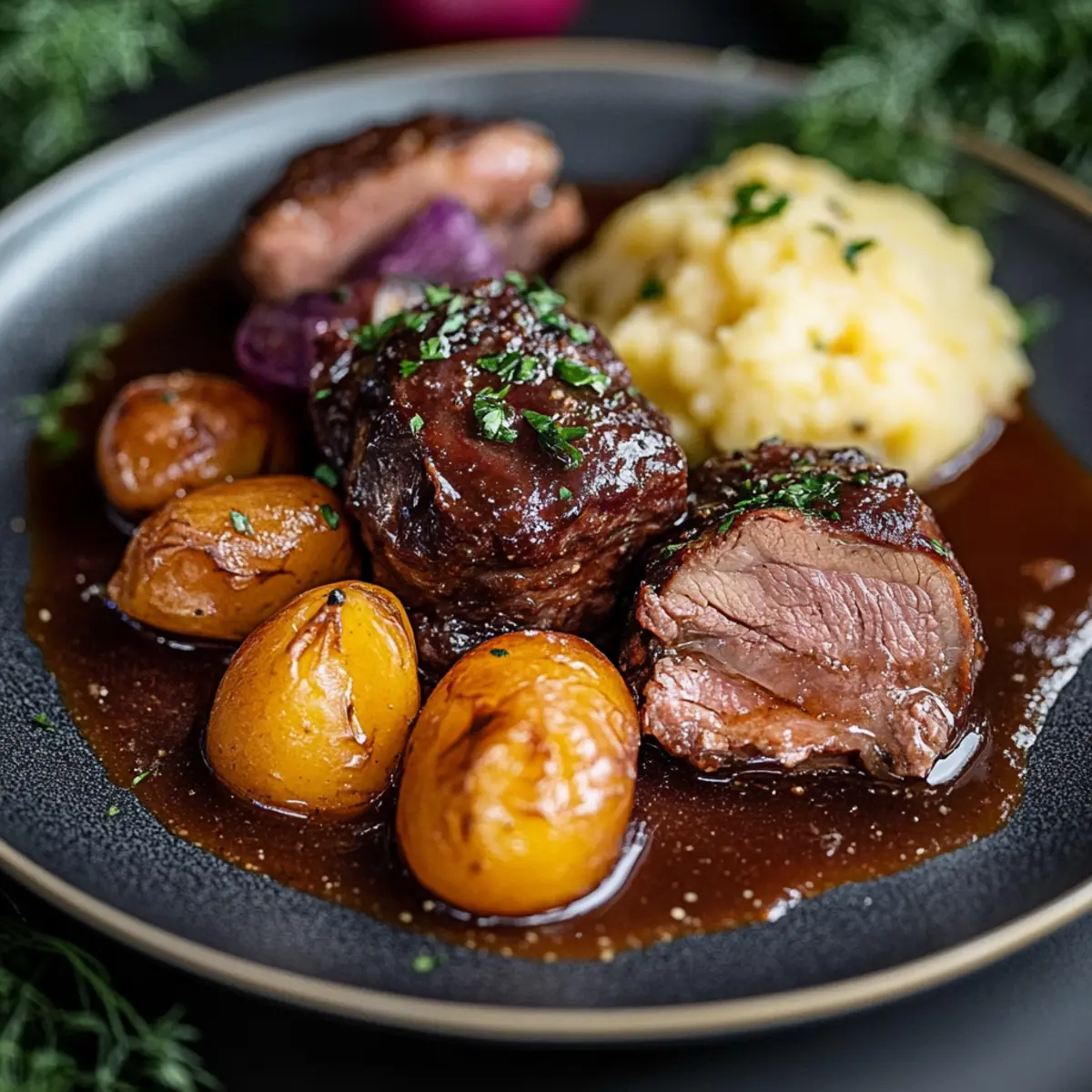 Geschmorte Schweinebäckchen – super zart und ganz einfach! - Fertiges Gericht auf einem Teller