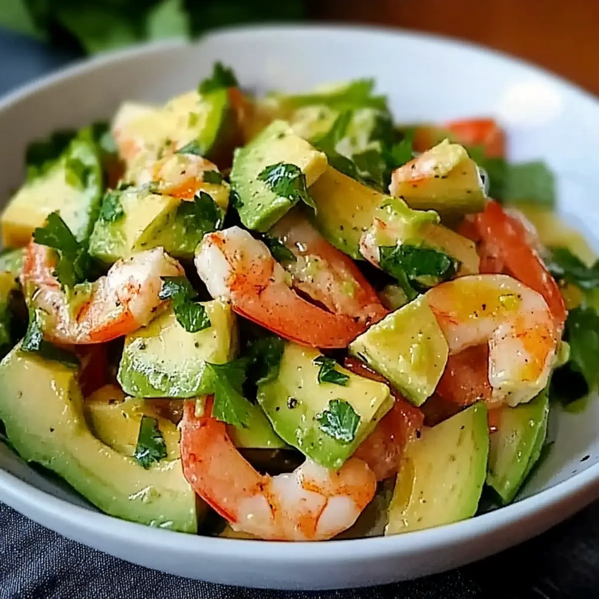 Kalter Garnelen und Avocado Salat - Nahaufnahme der leckeren Textur