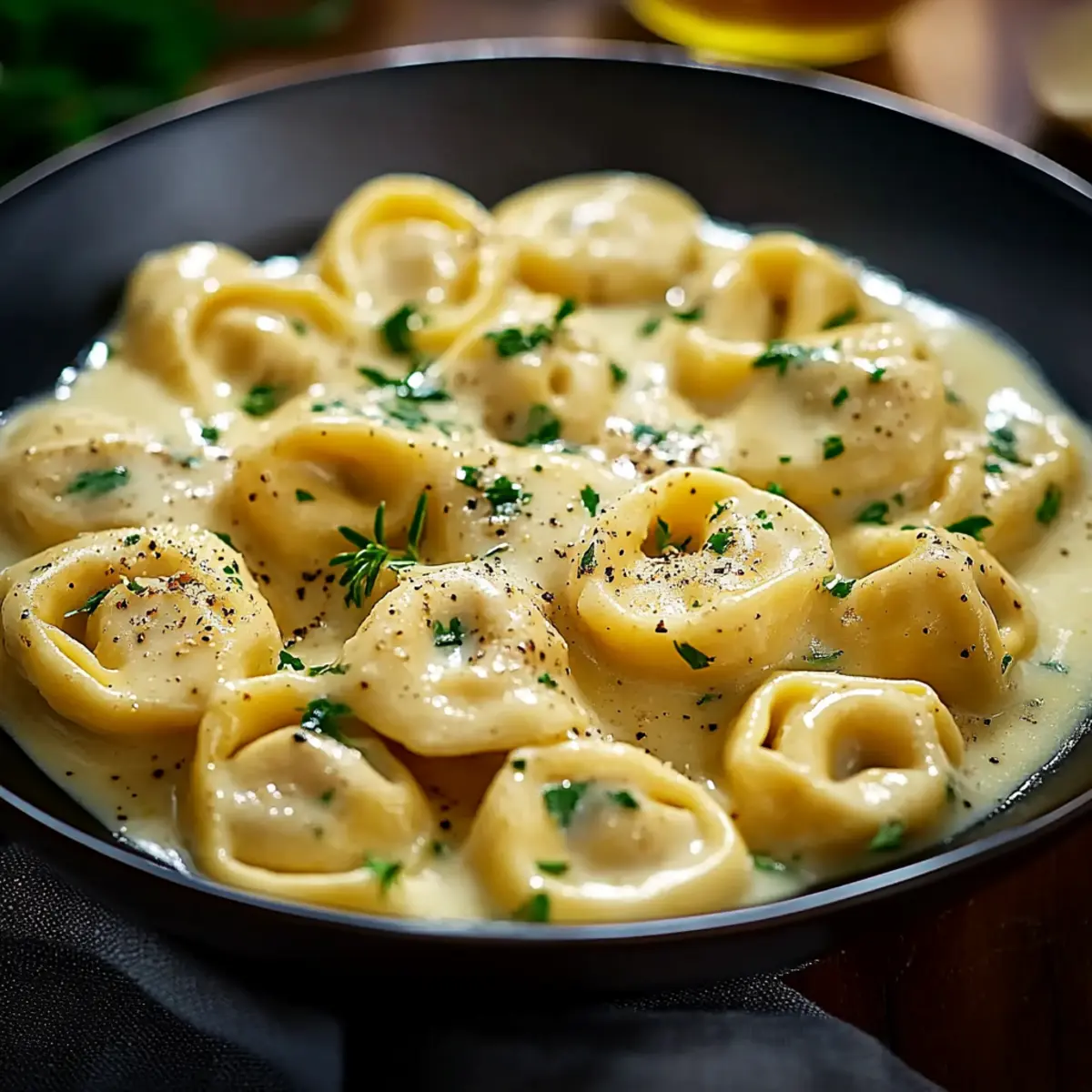 Tortellini in Käsesoße - Fertiges Gericht auf einem Teller
