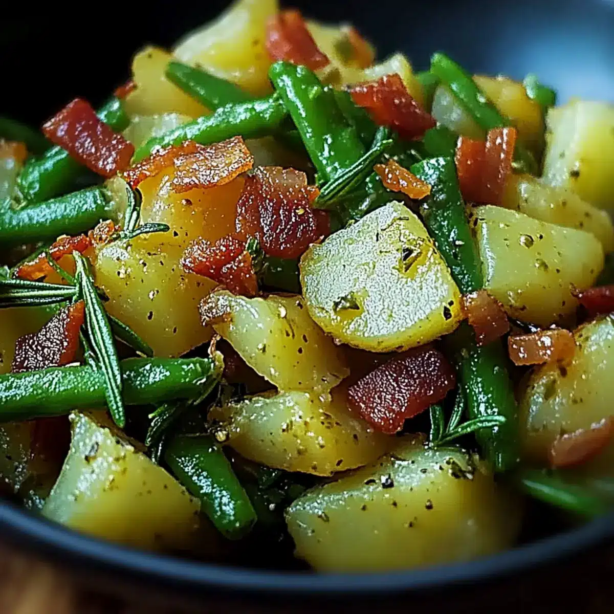 Grüne Bohnen mit Speck - Nahaufnahme der leckeren Textur