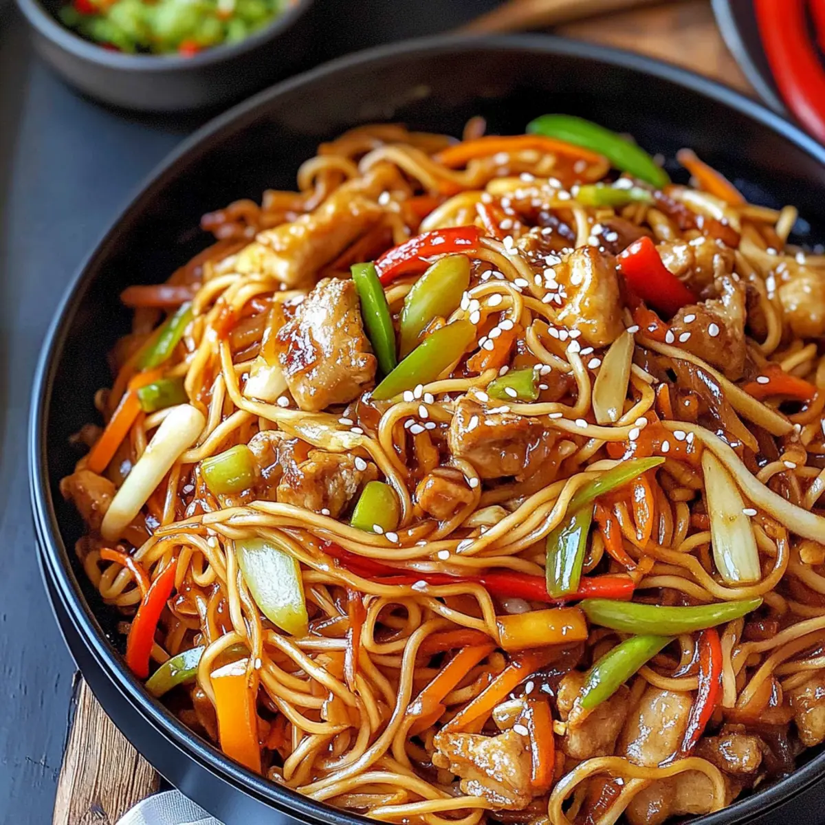 Hähnchen Chow Mein – Asiapfanne mit Gemüse und gebratenen Nudeln - Zutaten vorbereitet