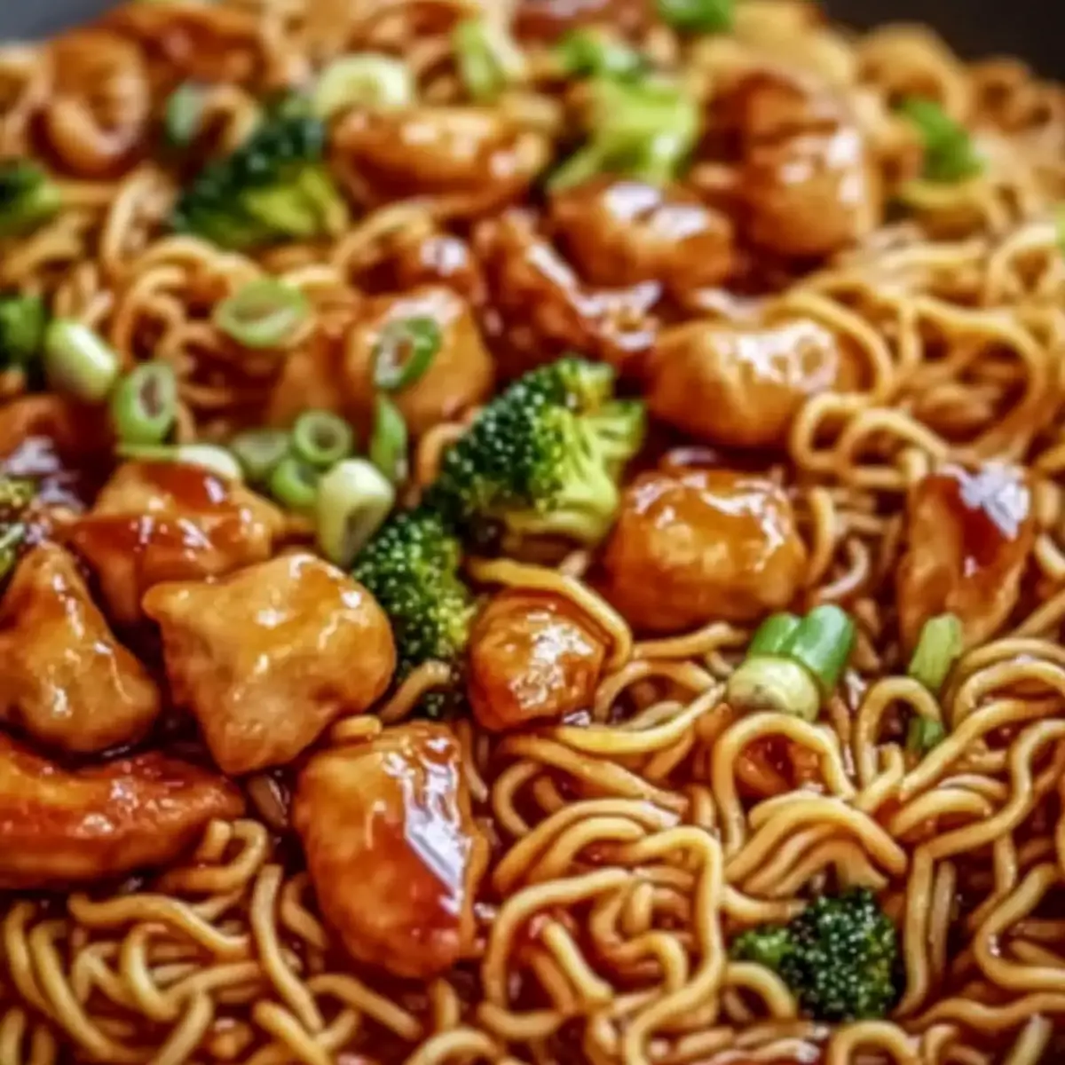 Hähnchen-Teriyaki-Nudeln - Fertiges Gericht auf einem Teller