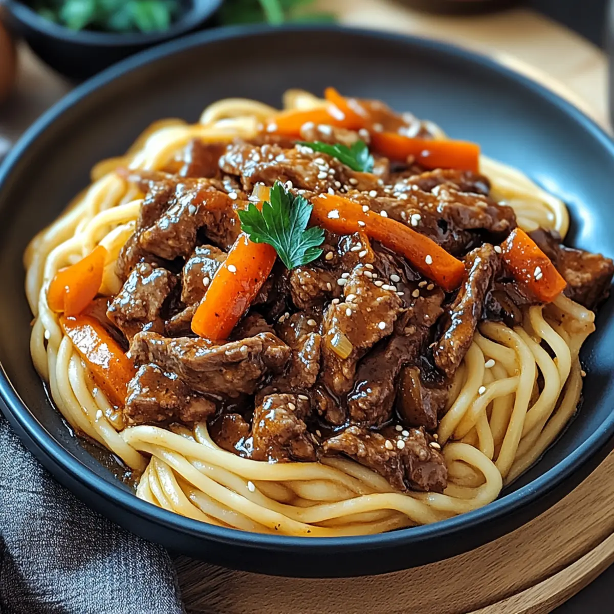 Reisnudeln mit Rindfleisch Sojasauce und Gemüse - Fertiges Gericht auf einem Teller