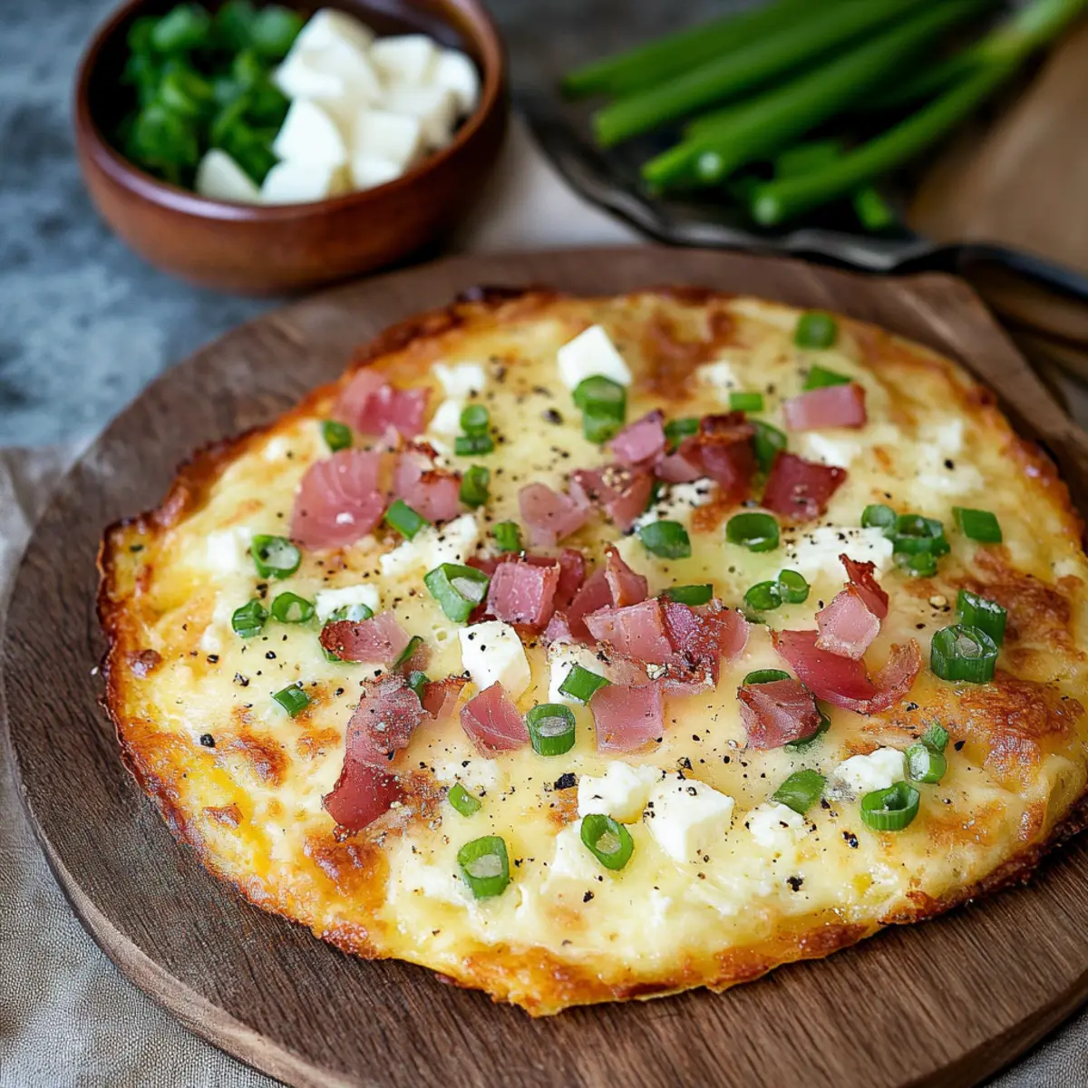 Low Carb Flammkuchen mit Quark-Eier-Teig - Fertiges Gericht auf einem Teller