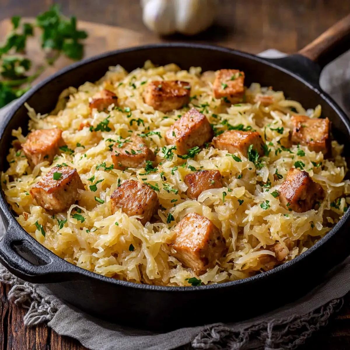 Kasslerpfanne mit Sauerkraut – deftiges Pfannengericht - Zutaten vorbereitet