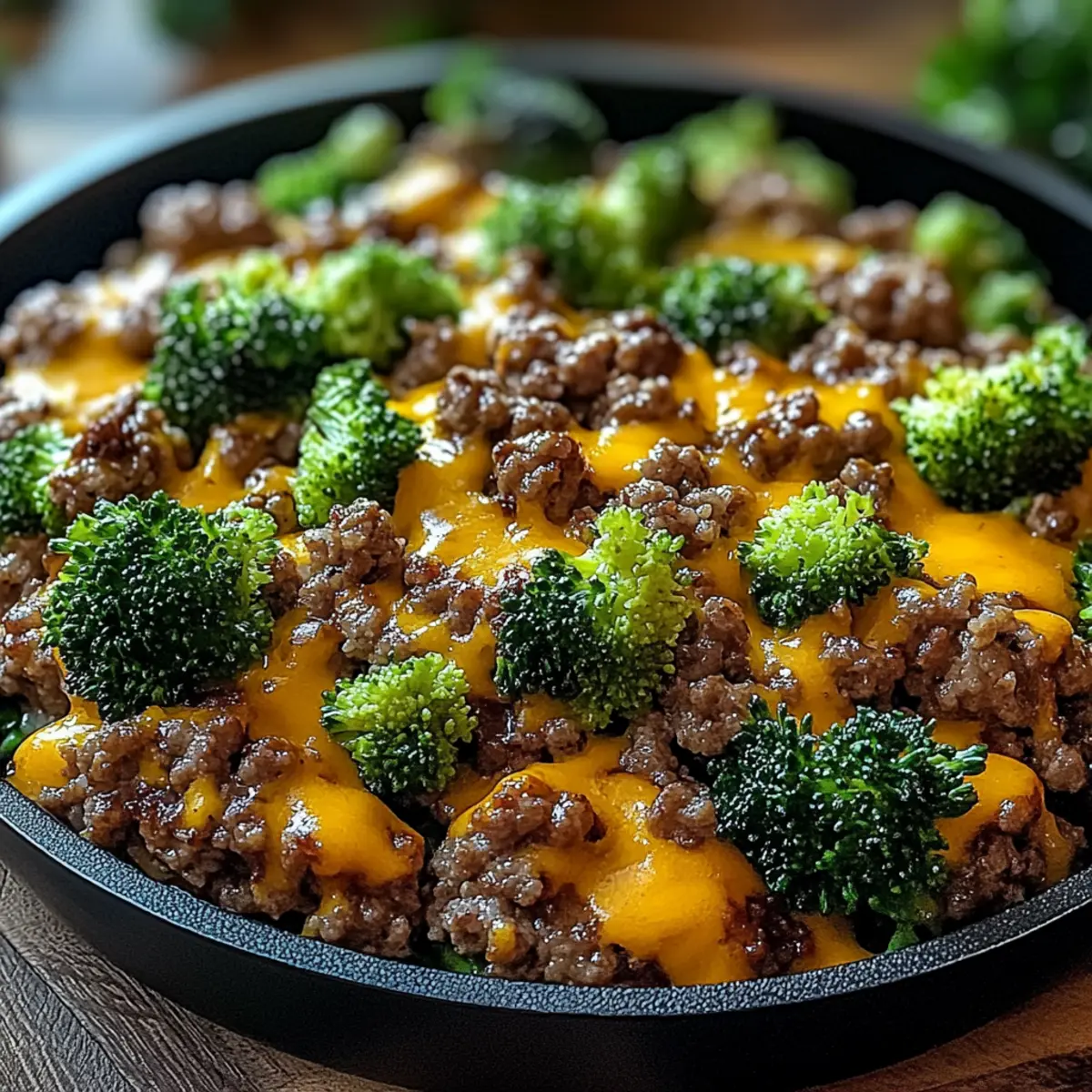 Keto Hamburger Brokkoli Pfanne für schnelles Dinner - Nahaufnahme der leckeren Textur