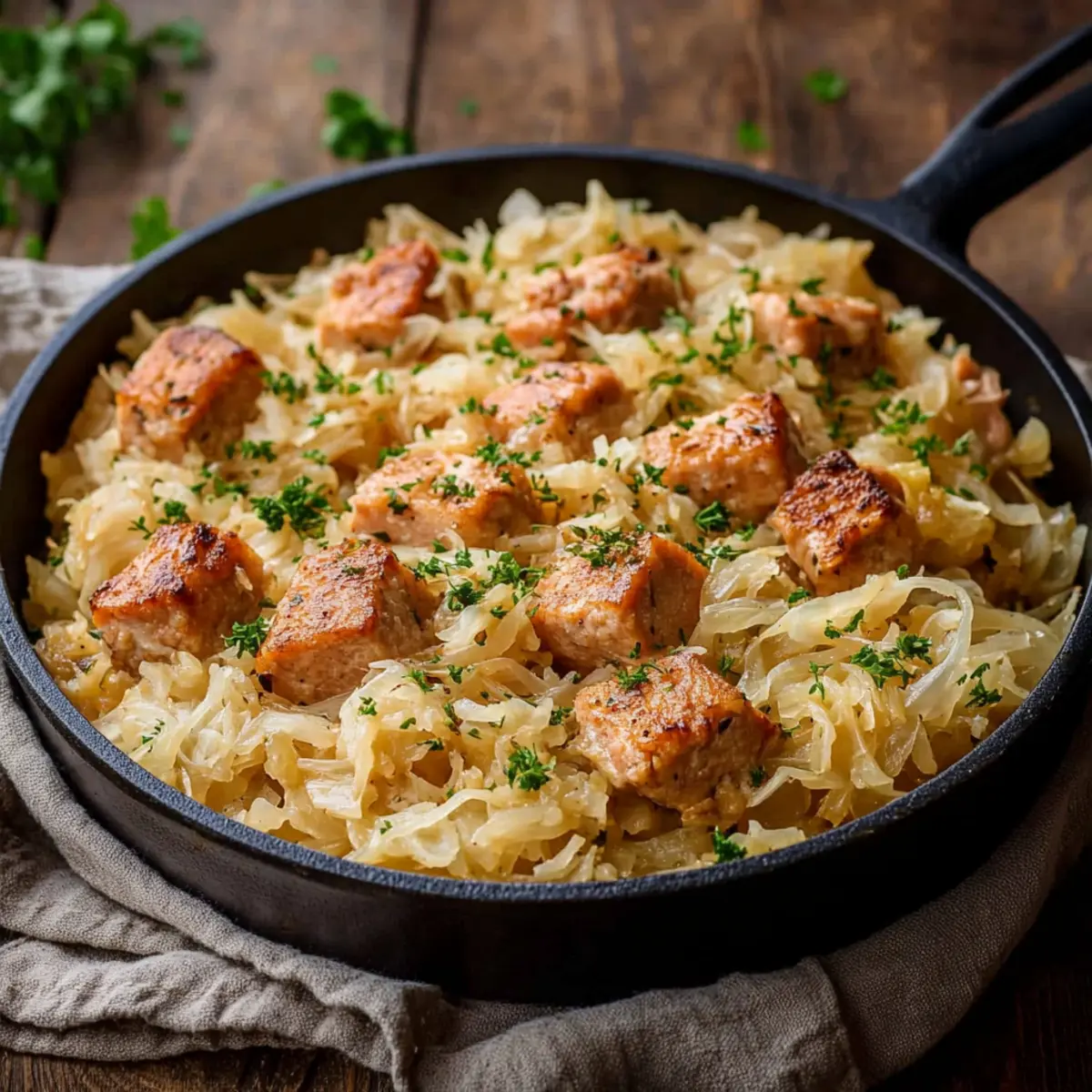 Kasslerpfanne mit Sauerkraut – deftiges Pfannengericht - Nahaufnahme der leckeren Textur