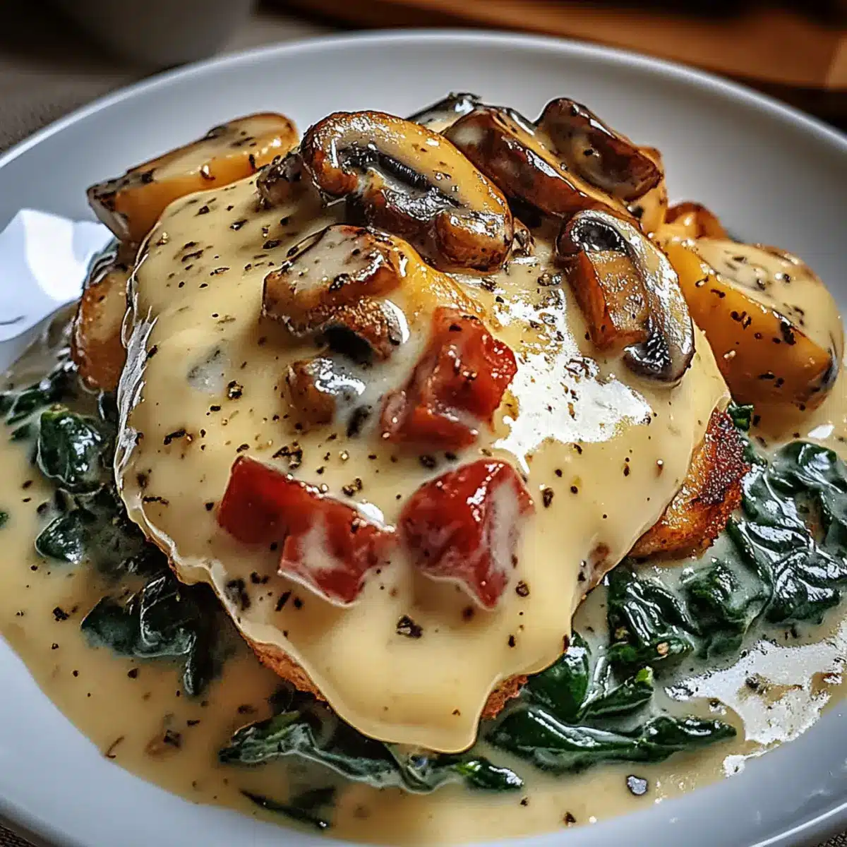 Geschmortes Hähnchen mit cremigem Spinat, Speck und Champignons - Nahaufnahme der leckeren Textur