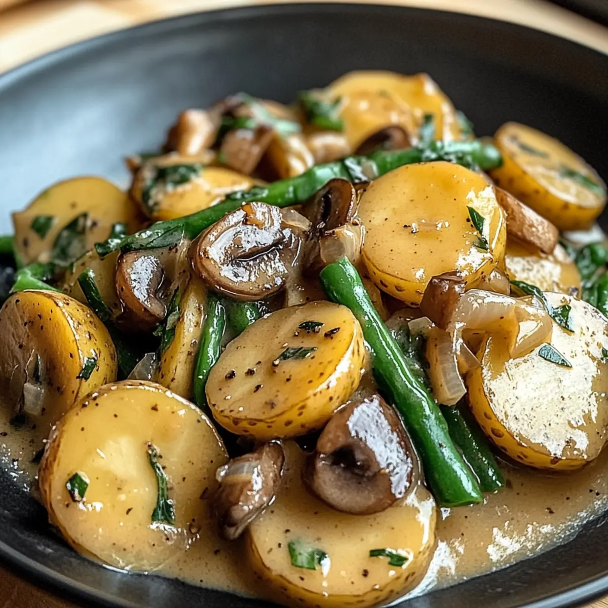 Kartoffel-Pilz-Pfanne mit Bohnen schnell zubereiten - Fertiges Gericht auf einem Teller