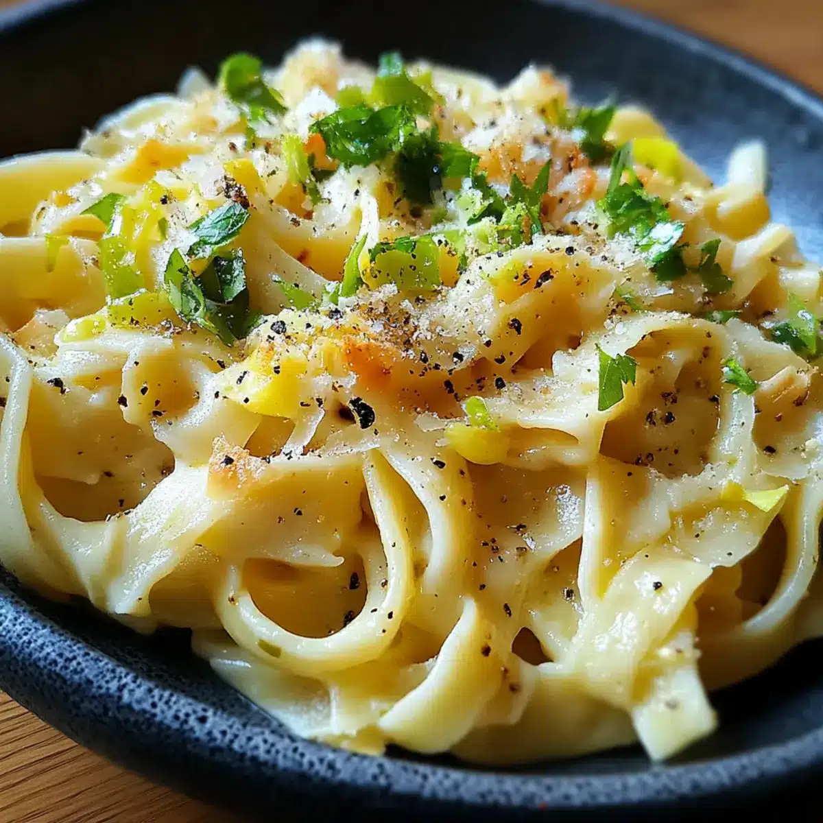 Bandnudeln mit Spitzkohl - Fertiges Gericht auf einem Teller