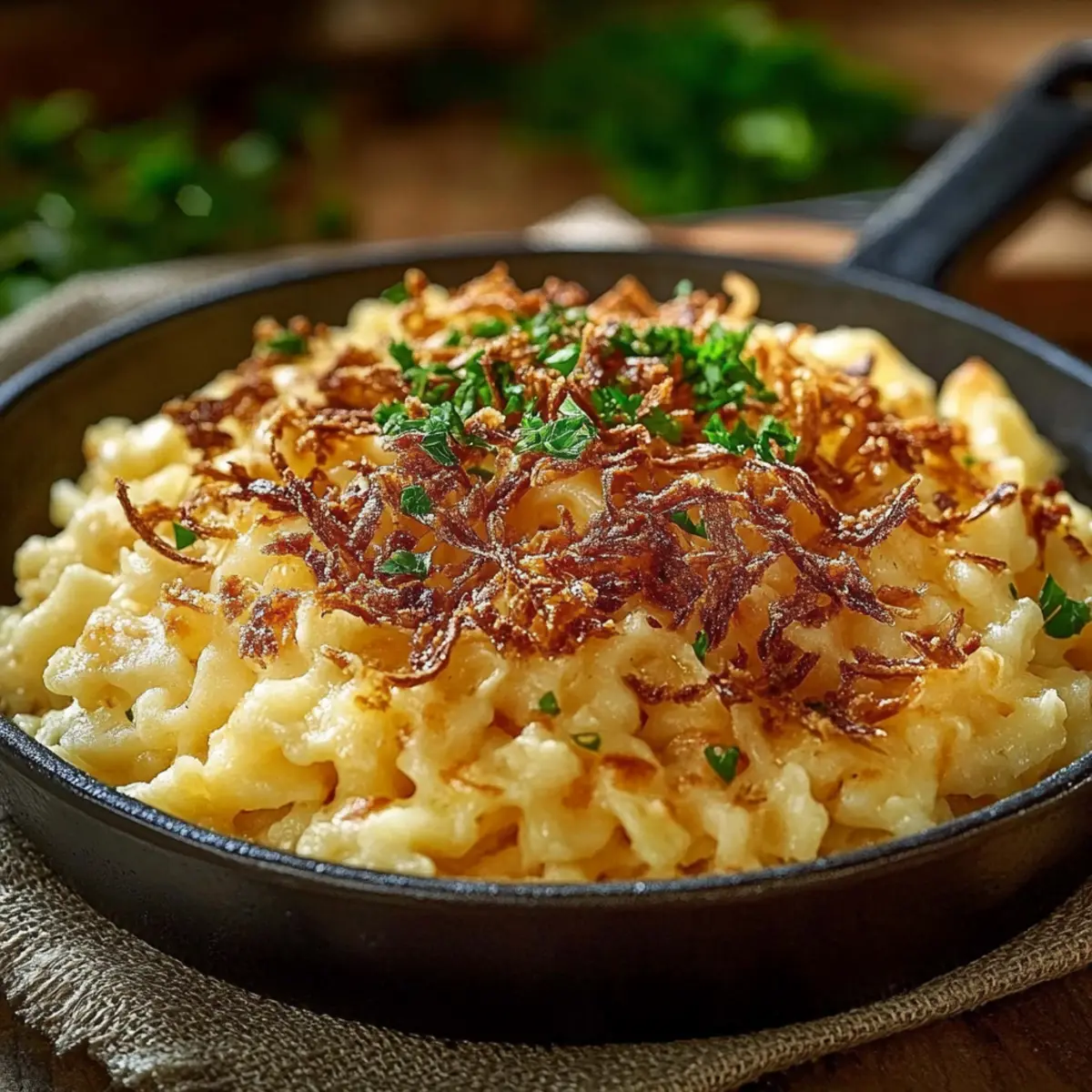 Käsespätzle (Endlich knusprige Zwiebeln ohne Verbrennen!) - Fertiges Gericht auf einem Teller