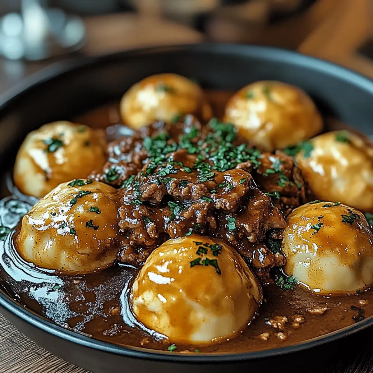 Hackfleisch und Knödel: Ein perfektes Wohlfühlessen - Fertiges Gericht auf einem Teller