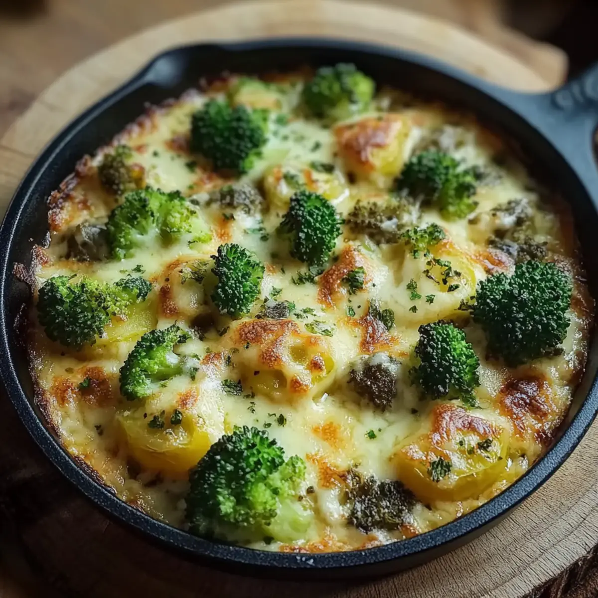 Brokkoli Kartoffel Pfanne mit Pilzen und Käse - Nahaufnahme der leckeren Textur
