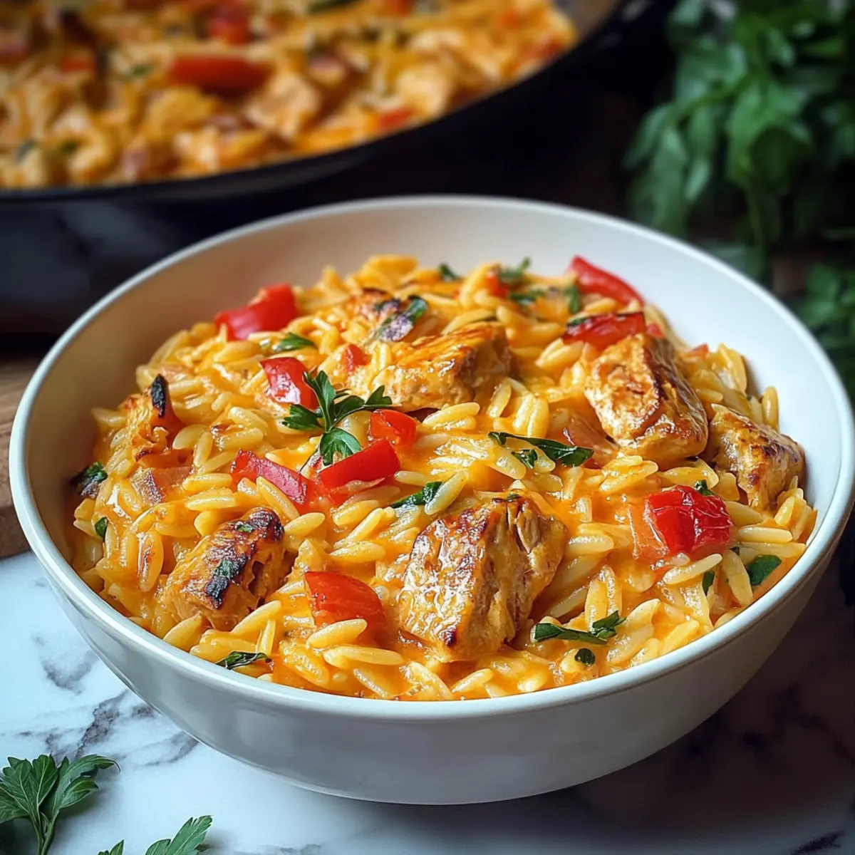 Paprika Sahne Hähnchen mit Orzo Nudeln aus dem Ofen