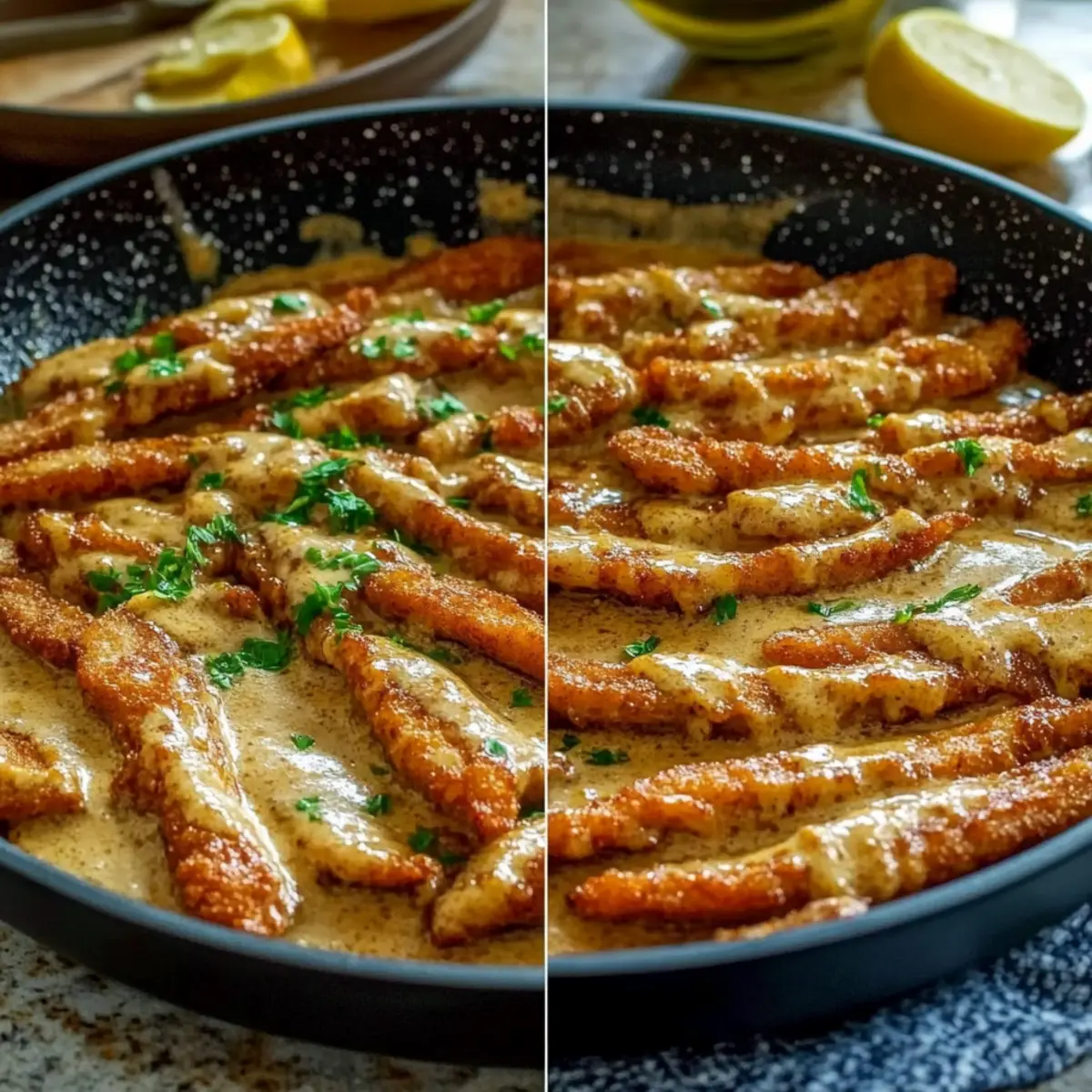 Schnitzelstreifen in Senfsauce – Endergebnis