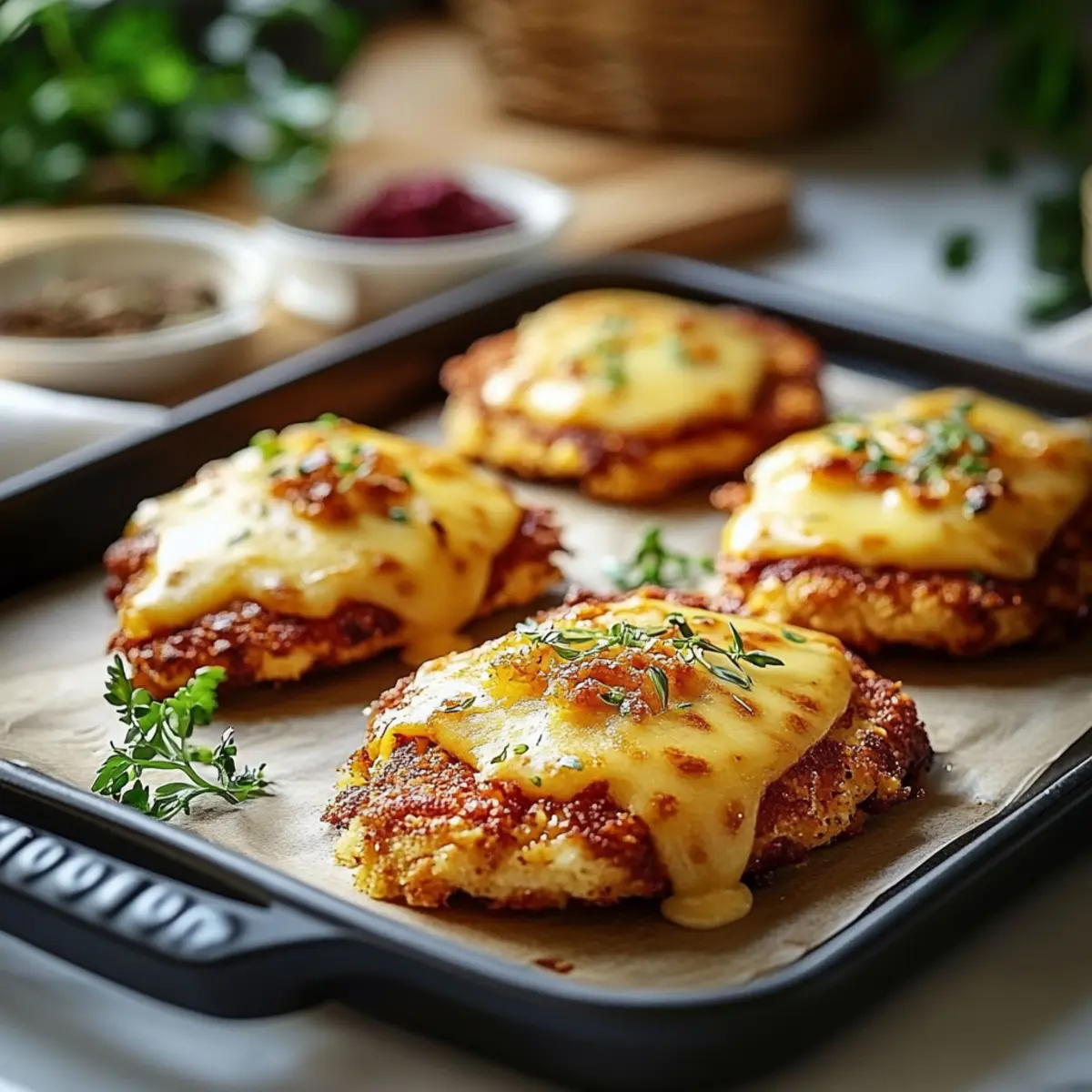 Überbackene Partyschnitzel aus dem Ofen – Auflauf Rezept - Fertiges Gericht auf einem Teller